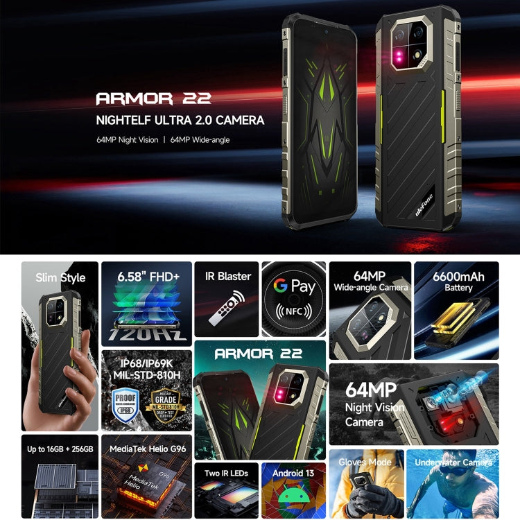 Ulefone Armor 22, IP68/IP69K Rugged Phone, 6.58 inch Android 13 Octa Core, NFC