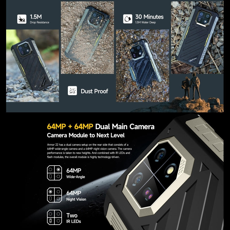 Ulefone Armor 22, IP68/IP69K Rugged Phone, 6.58 inch Android 13 Octa Core, NFC