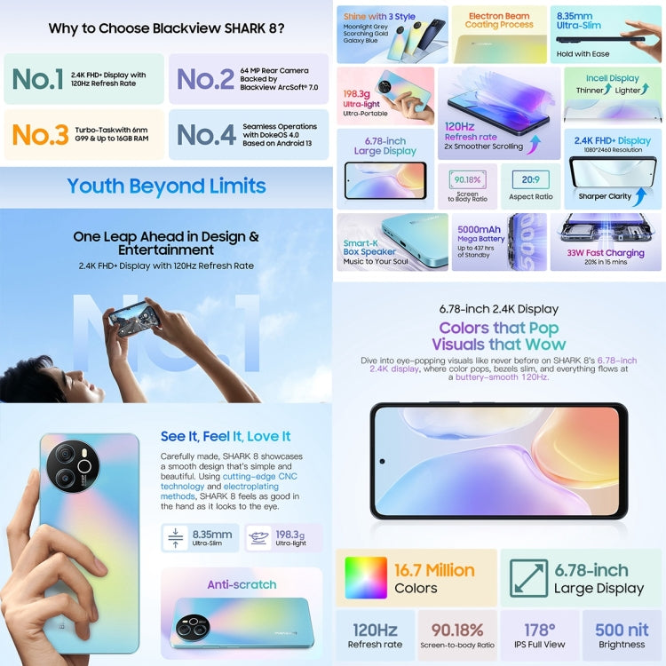 Blackview SHARK 8, Fingerprint Identification, 6.78 inch Android 13 MTK6789 Helio G99 Octa Core up to 2.2GHz, Network: 4G, OTG, 8GB+256GB