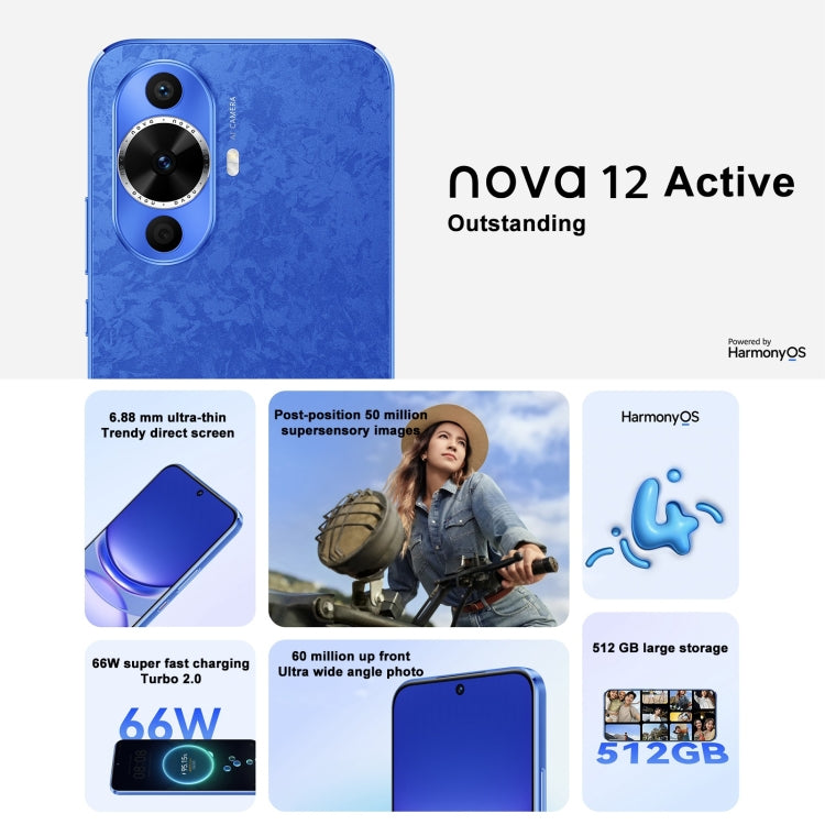 Huawei nova 12 Active, Screen Fingerprint Identification, 6.7 inch HarmonyOS 4.0 Qualcomm Snapdragon 778G 4G Octa Core, Network: 4G, NFC, OTG, Not Support Google Play