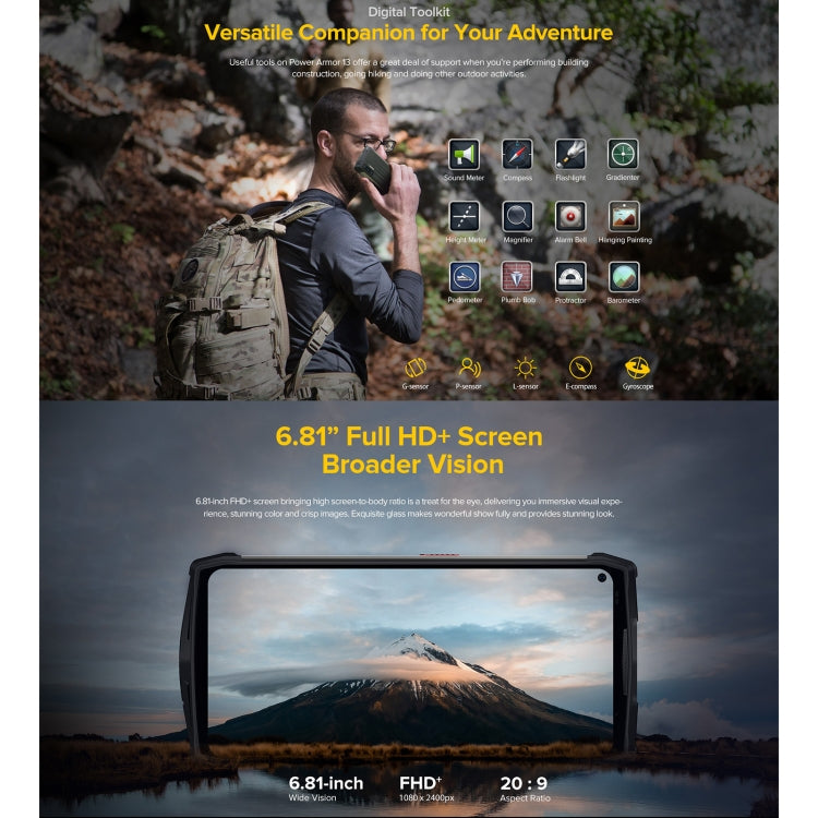 Ulefone Power Armor 13, 4G, Quad Back Cameras, Face ID & Fingerprint Identification, 6.81 inch Android 11, Octa Core up to 2.05GHz, NFC