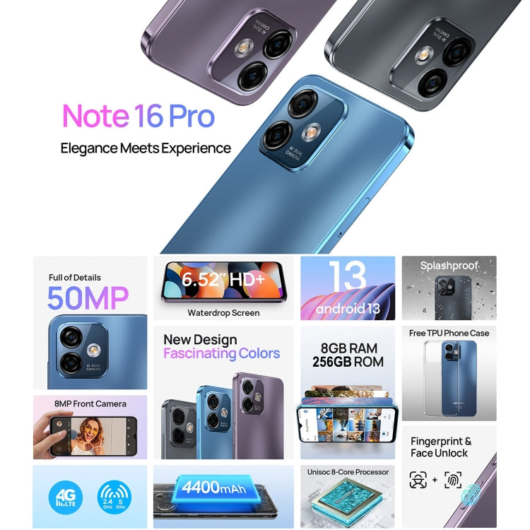 Ulefone Note 16 Pro 4G, 8GB+256GB, 6.52 inch Android 13, Octa Core up to 1.6GHz